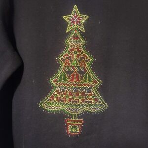 EUC Quacker Factory Womens Lg Christmas Tree Sweatshirt Rhinestone Bling‎ Black